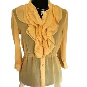 Drama Yellow Ruffled Sheer 3/4 Sleeve Button Down Blouse Women Medium
